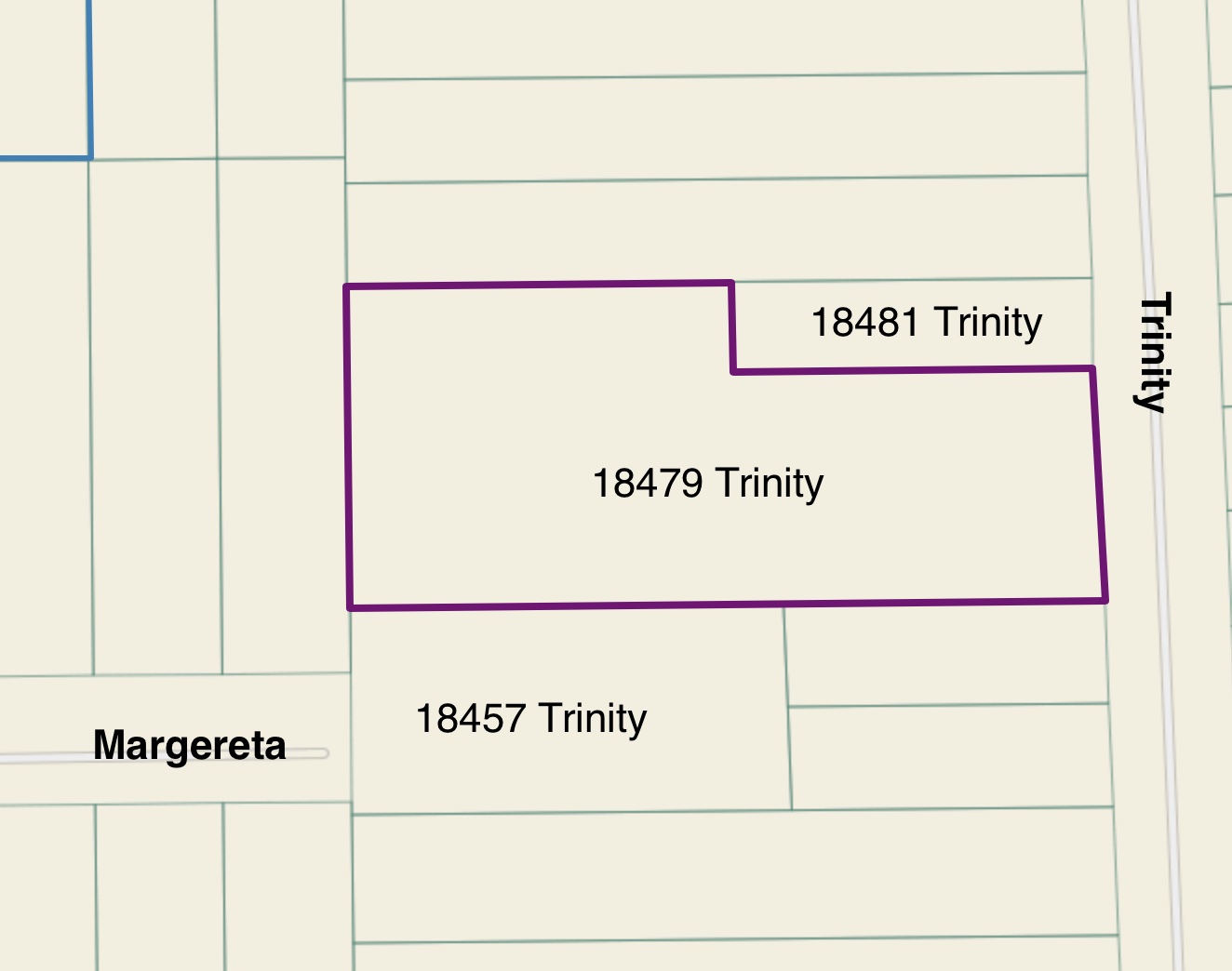 Map showing large property at 18479 Trinity and two other smaller properties on either side at 18457 and 18481.